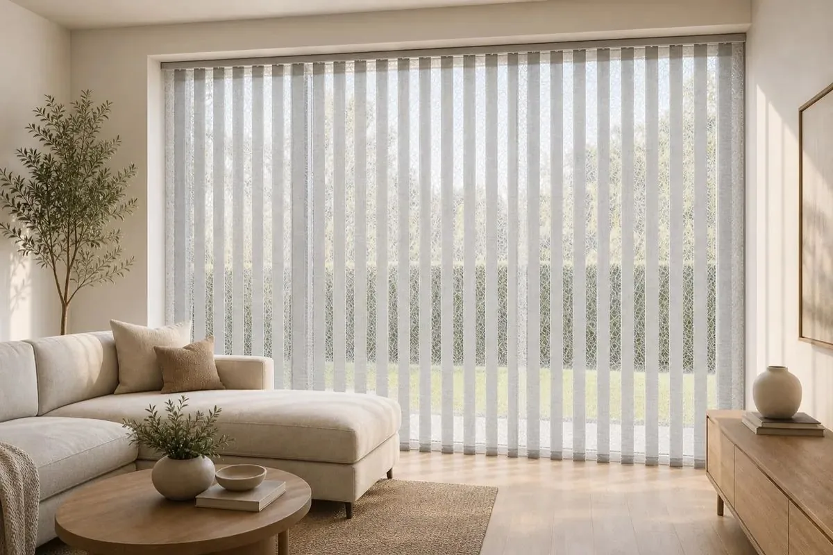 Sheer white VertiSheer vertical vanes drawn across a wide garden-facing window in a living room, sofa and coffee table in the foreground
